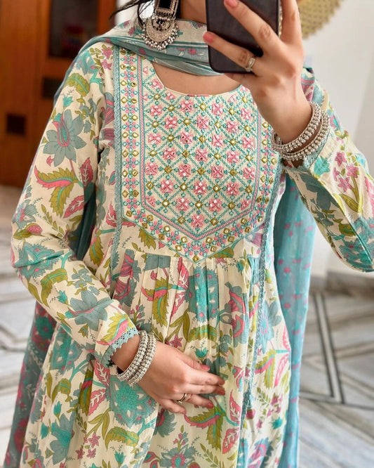 Women Cotton Handwork Multicolor Kurta Pant and Dupatta set