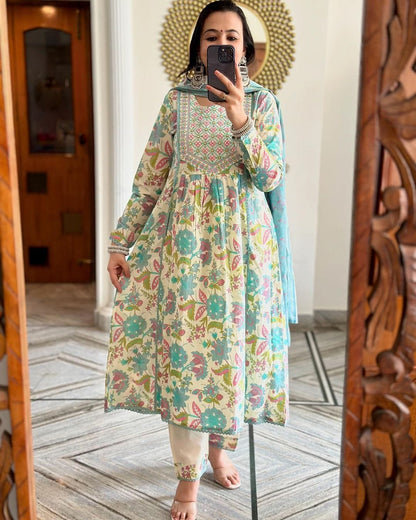 Women Cotton Handwork Multicolor Kurta Pant and Dupatta set