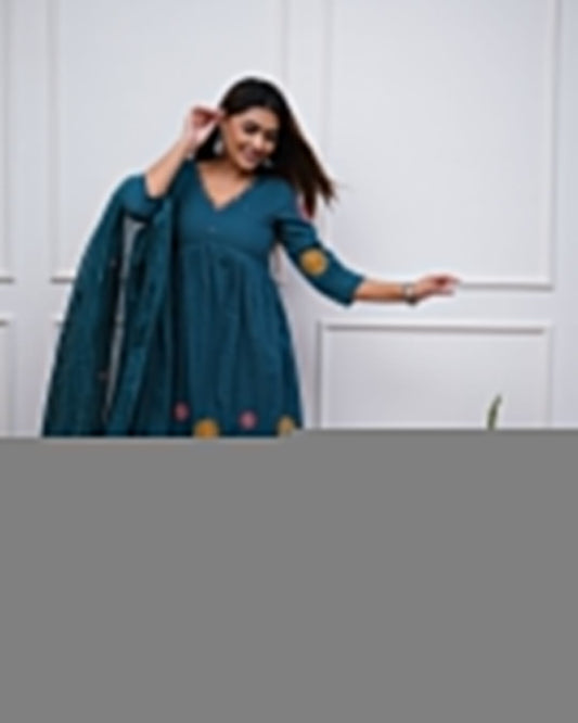 Women Cotton Embroidery Rama Green Kurta Pant and Dupatta set