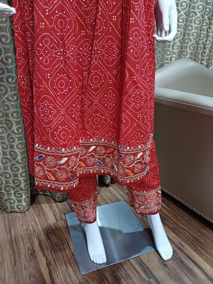 Women Cotton Pure Bandhez Red Kurta Pant and Dupatta set