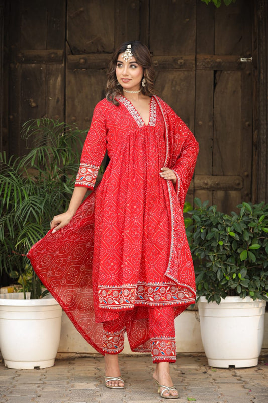 Women Cotton Pure Bandhez Red Kurta Pant and Dupatta set