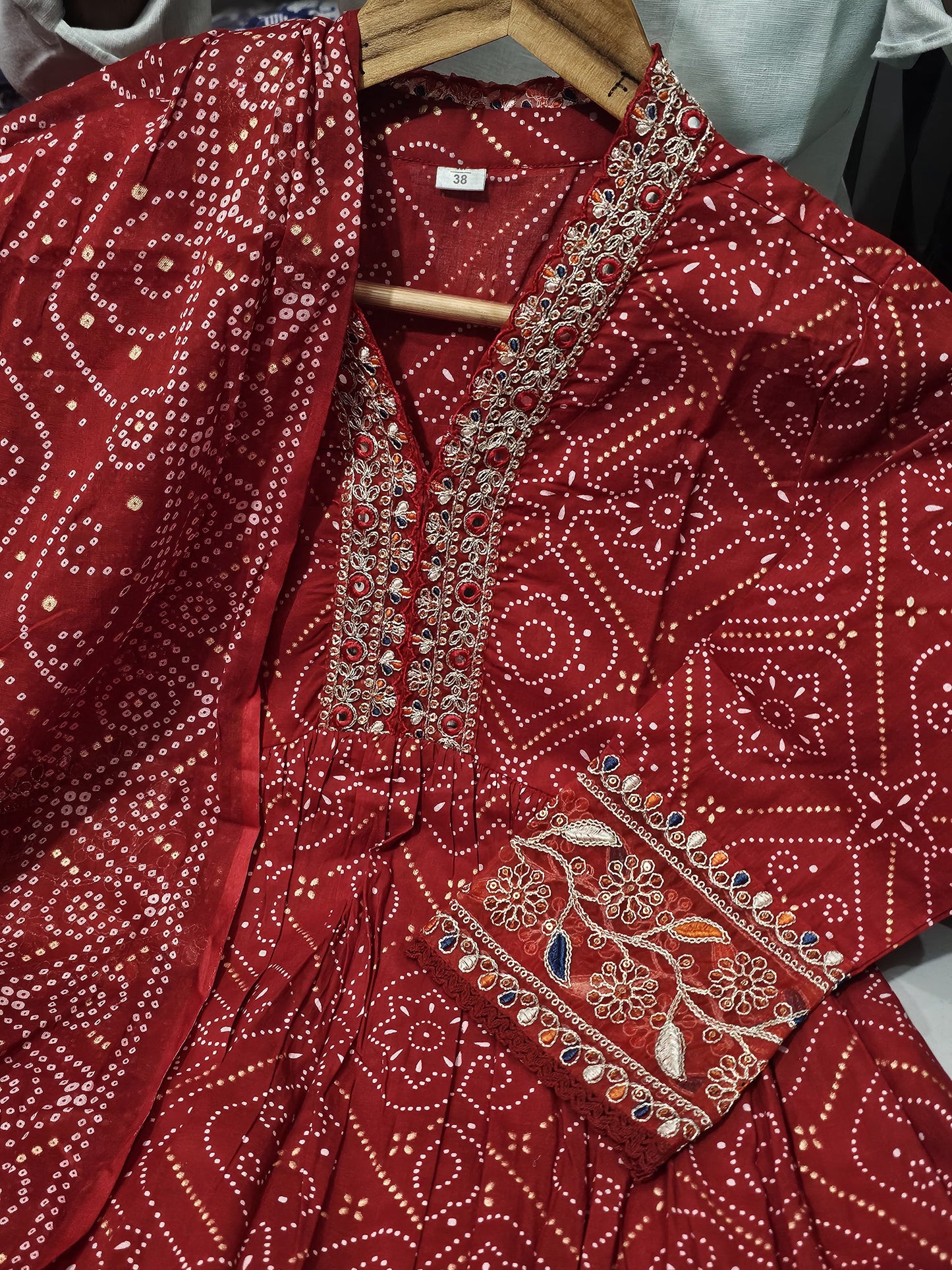 Women Cotton Pure Bandhez Red Kurta Pant and Dupatta set