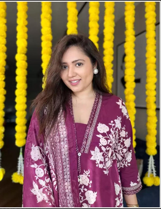 Women Cotton Wine Floral Kurta Pant and Dupatta set