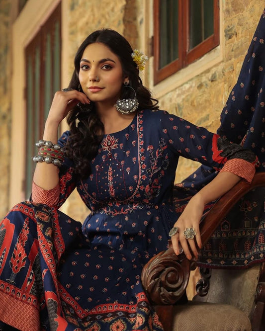 Women Anarkali Full gher Cotton Blue Dupatta set
