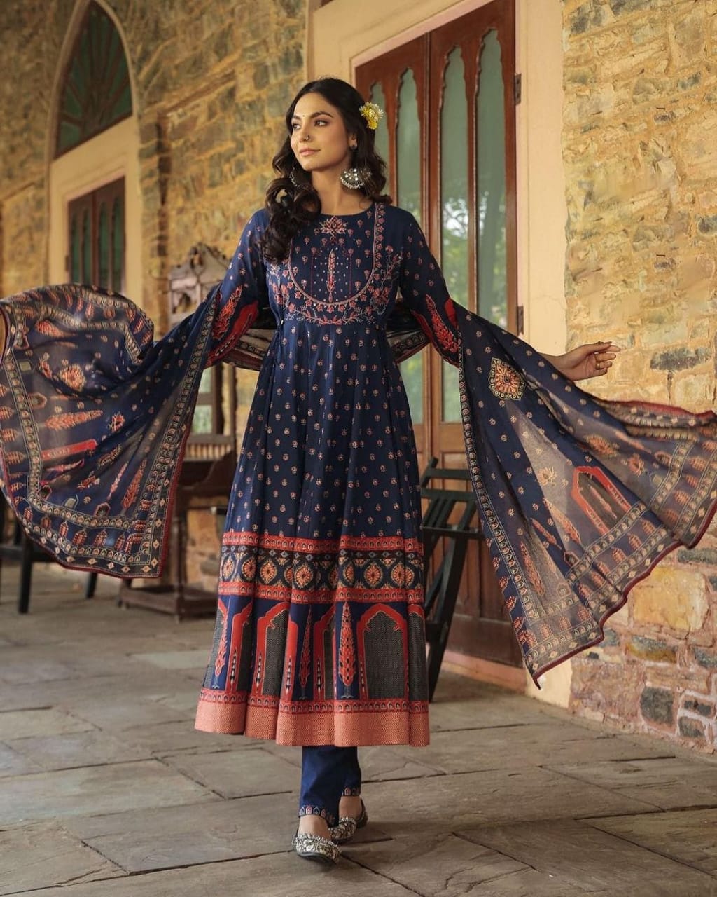 Women Anarkali Full gher Cotton Blue Dupatta set