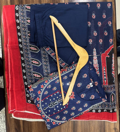 Women Anarkali Full gher Cotton Blue Dupatta set