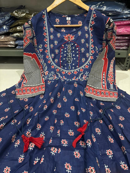 Women Anarkali Full gher Cotton Blue Dupatta set