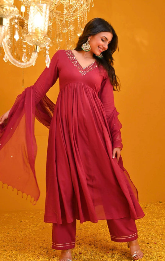 Women Cotton Red Anarkali Dupatta set