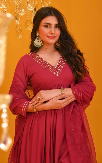 Women Cotton Red Anarkali Dupatta set