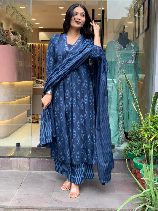 Women Cotton Ikkat Blue Kurta Pant and Dupatta set