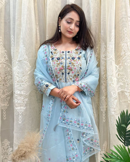 Women Chanderi Silk Sky Blue Kurta Pant and Dupatta set