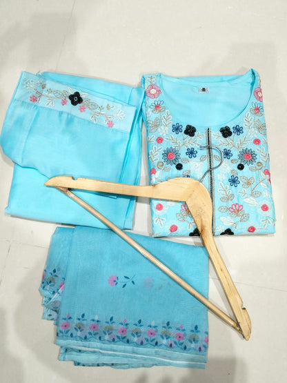Women Chanderi Silk Sky Blue Kurta Pant and Dupatta set