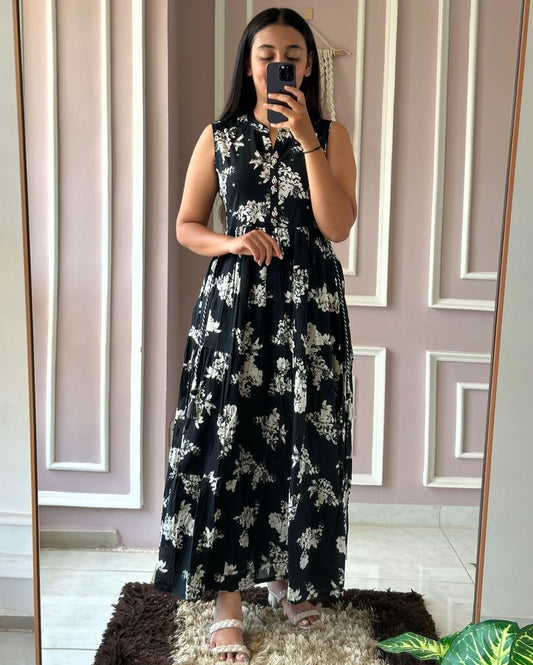 Women Cotton Black Middy Gown