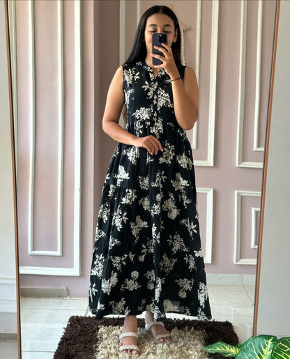 Women Cotton Black Middy Gown