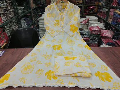 Beautiful Yellow Floral Printed Aline Cotton Co-ords