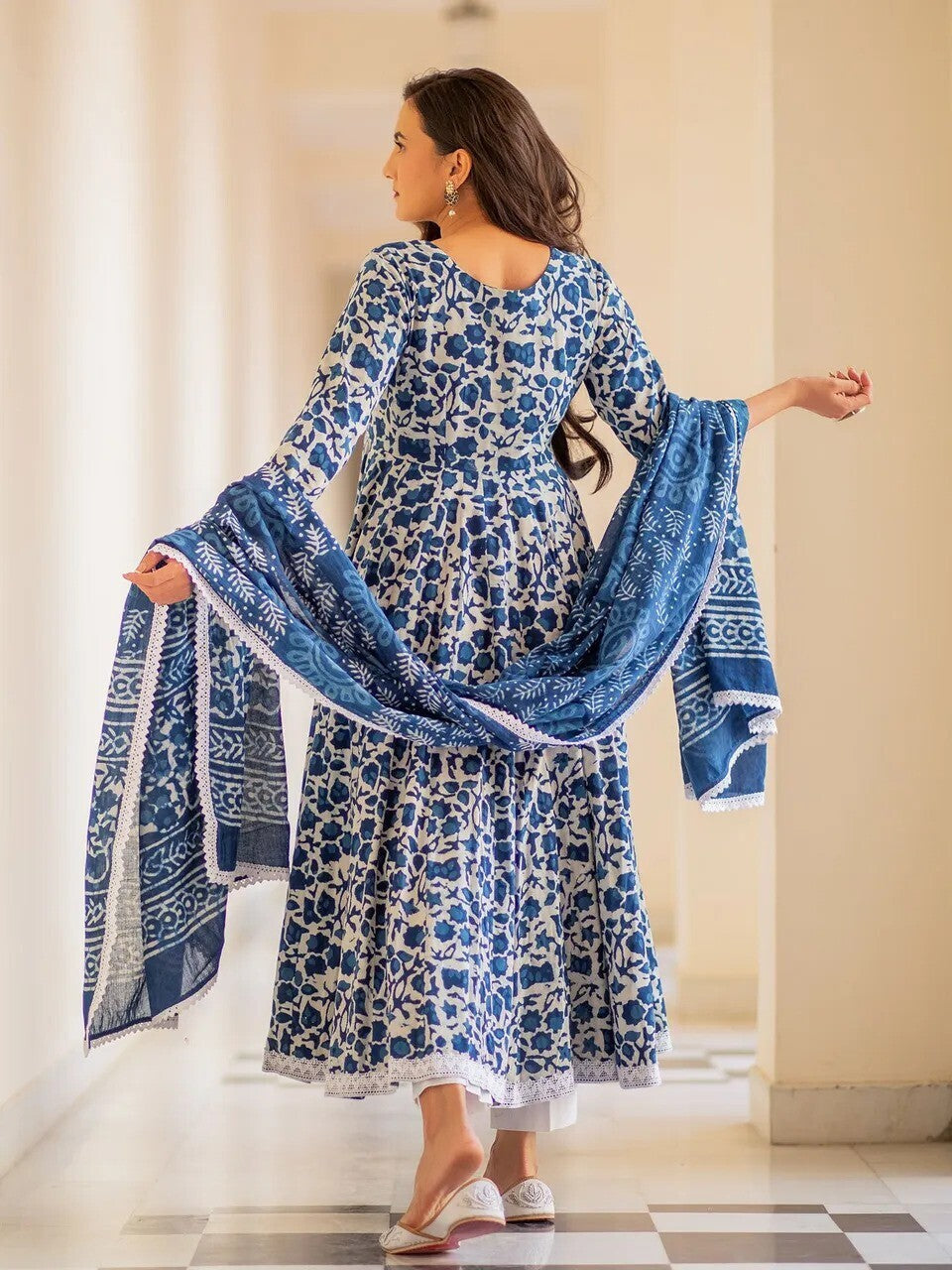 Indigo Floral Print Anarkali Kurta, Bottom & Dupatta Set