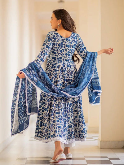 Indigo Floral Print Anarkali Kurta, Bottom & Dupatta Set