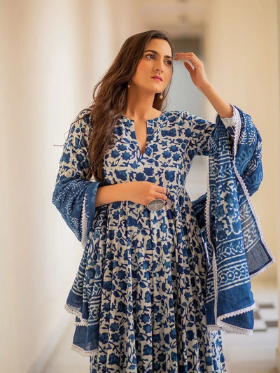 Indigo Floral Print Anarkali Kurta, Bottom & Dupatta Set