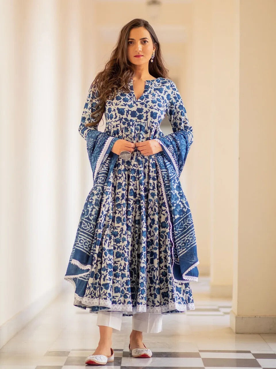 Indigo Floral Print Anarkali Kurta, Bottom & Dupatta Set