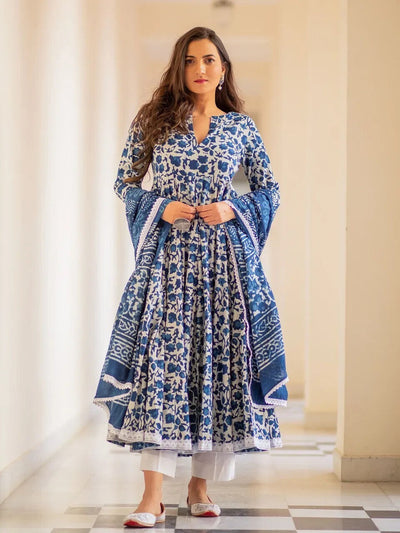 Indigo Floral Print Anarkali Kurta, Bottom & Dupatta Set